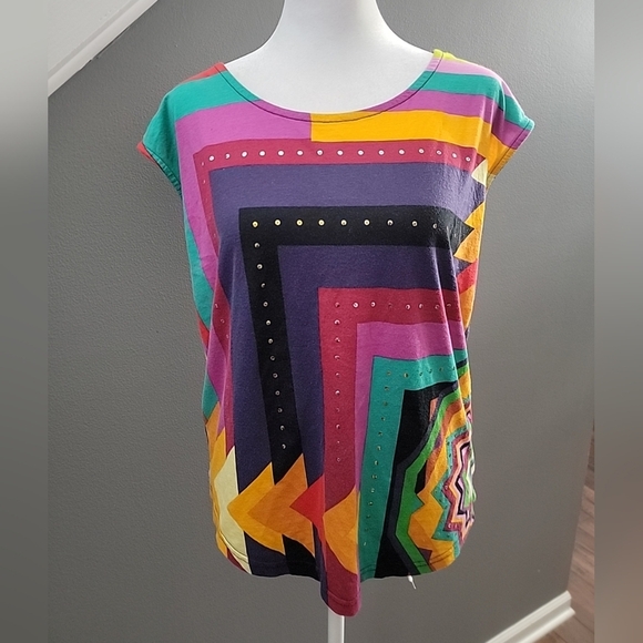 Desigual Unique Art To Wear Sleeveless Studded Tank Top Blouse Med Colorful - Picture 2 of 5